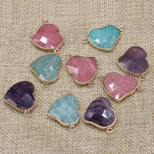 Natural Stone Double Hole Connector Hearts Faceted Amazonite Crystal Pendant Charms for DIY Necklace Bracelet Jewelry Making