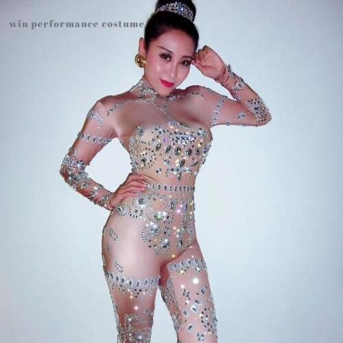 Transparent naked nude Womens Birthday Celebrate Mesh Outfit Bar Women Dancer pantihose Sparkly Silver Rhinestones rave party