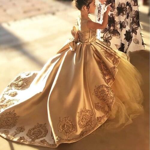 Luxury Golden Flower Girl Dress Ball Gown Lace Appliques Kids Pageant Party Gown Elegant First Gommunion Dresses for Little Kid
