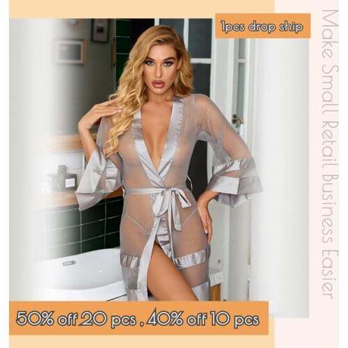 Sexy Belted Robe Women Mesh Sleepwear Wholesale Wedding Nighty Gown CT6014