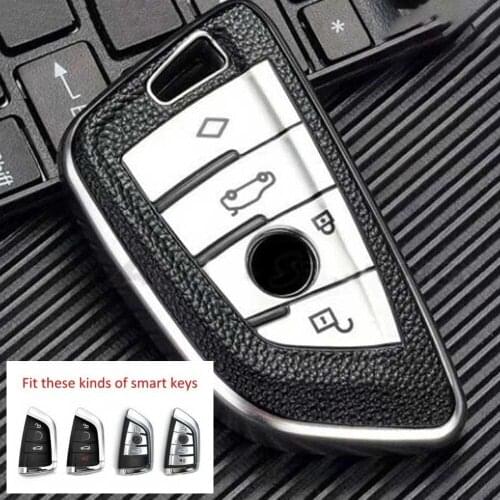 Silver / Leather Key Cover For BMW Smart Fob Case Remote 2 3 4 Button TPU Keycase Keychain Key Protector
