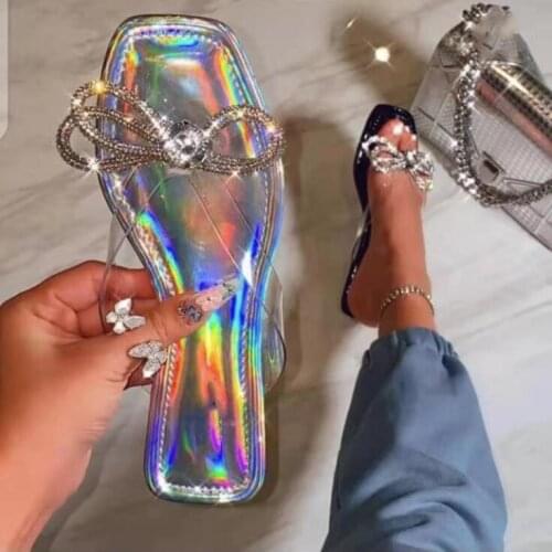 2021 summer women new colorful rhinestone bow candy color all-match slippers outdoor beach sandals at home flip flop