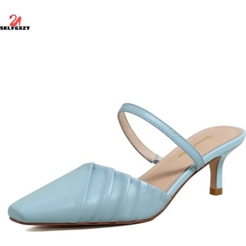 SKLFGXZY 2021 New Arrival Summer Women Slippers Fashion Design White Genuine Leather Casual Handmade Heel Shoes