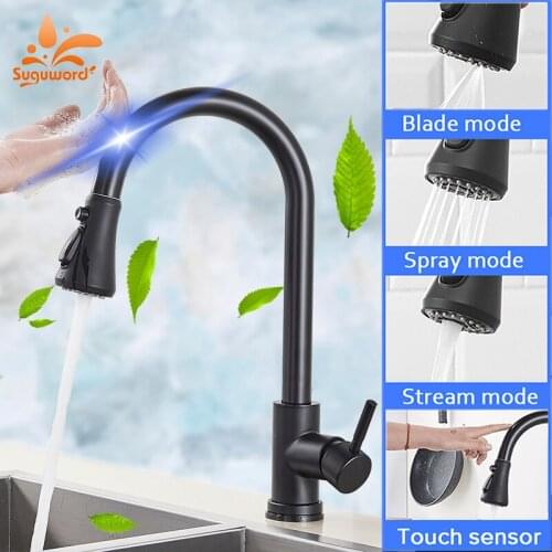 Suguword Sensor Kitchen Faucet Stainless Steel Pull Out Sprayer Deck Mount Touch Control Smart Water Kitchen Sink Taps