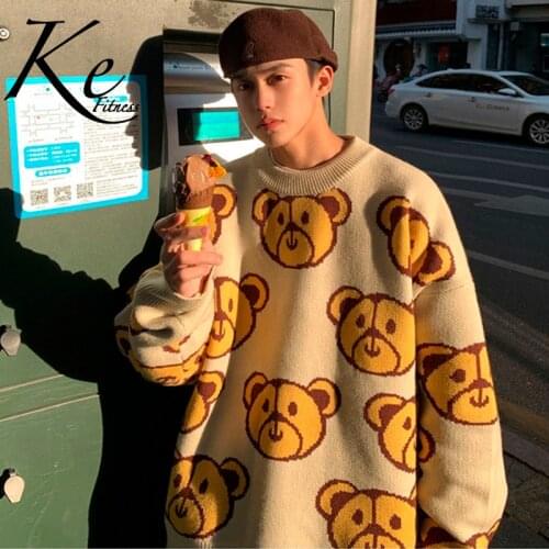 KE 2021 autumn and winter new pullover sweater bear print design wild loose ins tide knit sweater male