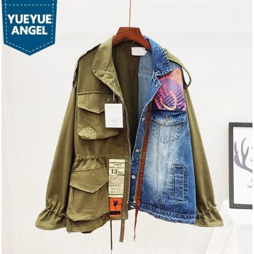 Women Preppy Spliced Denim Jacket Streetwear Zipper Loose Fit Panelled Jean Outwear Spring Autumn Multi-Pockets Print Coat