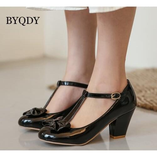 BYQDY Sweet Lolita Princess Pumps Women Mary Jane Shoes Bow Round Head Black Japanese College Pumps T-Strap Shoes Big Size 43-48