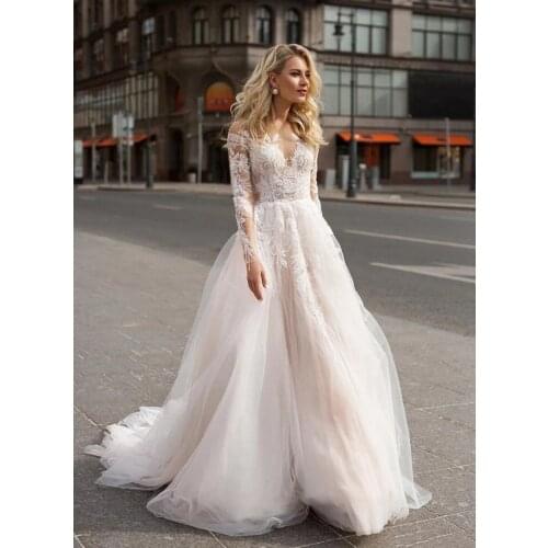 Fanweimei Tulle Beach Wedding Dress 2021 Boho O-neck Long Sleeve Backless Champagne A Line Wedding Gowns Customized Dress