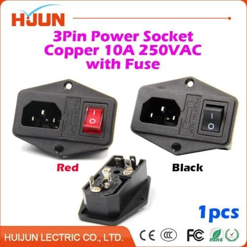 1Pcs High Quality 3 Pin Safe Male Power Socket with Fuses Copper Red Switch Inlet Connector Plug 10A 250VAC Computer Apparatus