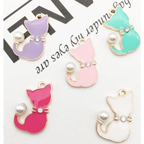 10Pcs Cute Enamel Alloy Pearl Tail Cat Pendants Charms For DIY Craft Making Bracelet Necklace Jewelry Accessories Wholesale