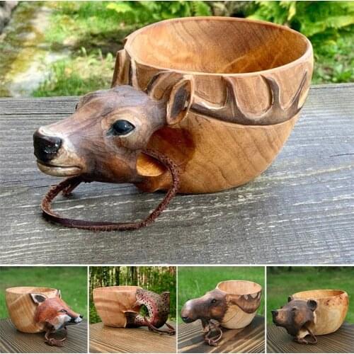 Wooden Mug Animal Shape Portable Camping Drinking Cup Hand Carved Outdoor Cup with Lanyard for Coffee Tea Milk