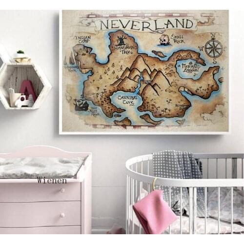 Neverland Map Vintage Poster Fairy Tale Illustration Print Retro Wall Art Canvas Painting Picture Kids Room Nursery Decor