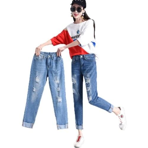Summer 2019 Ripped Boyfriend Jeans For Women High Waist Loose Skinny Jeans Woman Femme Denim Mom Jeans Feminino Plus Pants D25