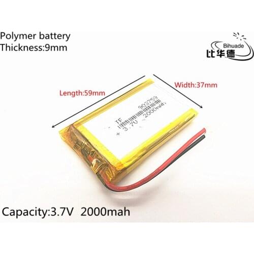 3.7V 2000mAh 903759 Lithium Polymer LiPo Rechargeable Battery ion cells For Mp3 Mp4 Mp5 DIY PAD DVD E-book bluetooth headset