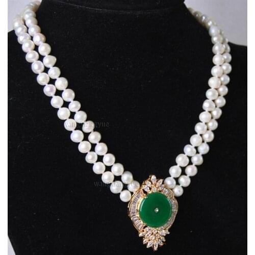 Fashion jewelry Free Shipping Beautiful 2Rows White Pearl Green Jade Pendant Necklace