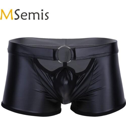 MSemis Men Sexy Lingerie Patent Wet Look Patent Leather Boxer Briefs Shorts Underwear Underpants with O-Ring Swimwear Clubwear