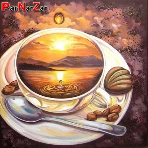 ParNarZar Diamond Drawing DIY Diamond Painting Cross Stitch Diamond Embroidery Diamond Mosaic Home Decor Sunset in Coffee Cup