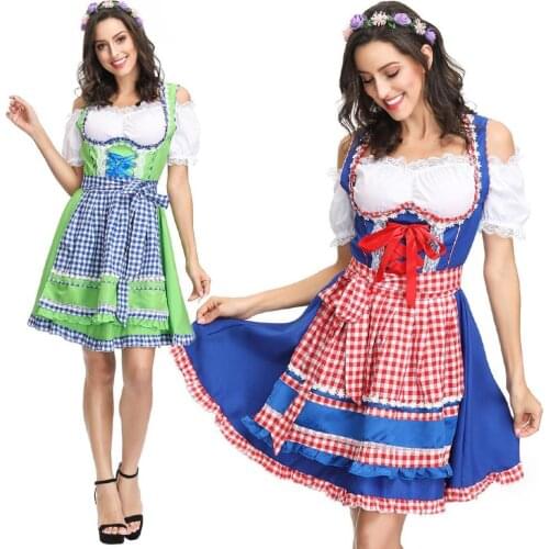 New Women Dirndl Dress German Oktoberfest Bavarian Beer Carnival Costume Maid Outfit Waiter Fancy Plaid Clothes with Apron