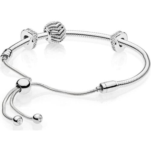 NEW 100% 925 Sterling Silver 2019 New Shimmering Stylish Wish Charm Beaded Gift MOMENTS SLIDING BRACELET Set Adjustable Size