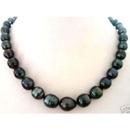 NEW COCO NATURAL 9-10MM TAHITIAN RICE BLACK PEARL NECKLACE 18"AA+1