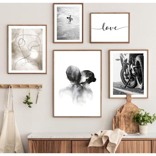 Couple Kiss Beach Surf Palm Leaf Abstract Line Nordic Poster Wall Art Print Canvas Painting Decoration Pictures For Living Room