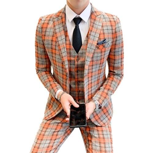 Jackets + Vest + Pants ) New Fashion Boutique Plaid Mens Casual Business Suit Groom Wedding Dress Suit 3pces Set Male Blazer