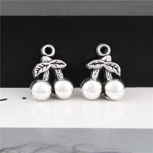 20Pcs Silver Color Cute Cherry Charms Fruit Pendant Findings Accessories DIY Choker Necklaces Jewelry 9x12mm A3112