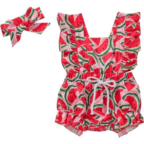 Lovely Summer Infant Baby Girl Ruffles Fly Sleeve Bodysuit Watermelon/Leopard Print Elastic Waist Frilly Short Jumpsuit 0-24M