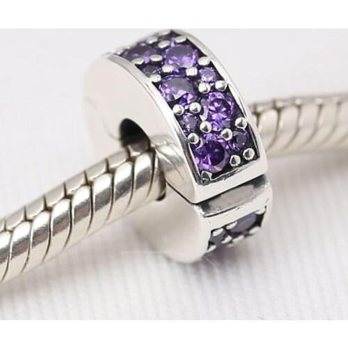S925 DIY Jewelry Shining Elegance Clips Stoppers Charm fit Lady Bracelet Bangle Fancy Purple CZ