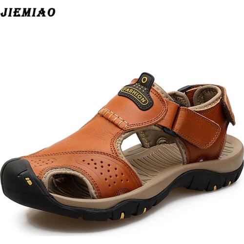 JIEMIAO Men Women Outdoor Sandals First Layer Cowhide Summer Casual Comfortable Hiking Trekking Shoes Beach Fishing Sandals