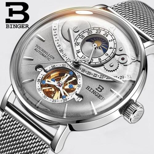 Switzerland BINGER Mens Business Tourbillon Automatic WristWatches Sapphire Crystal Skeleton Clock Relogio Masculino Moon Phase