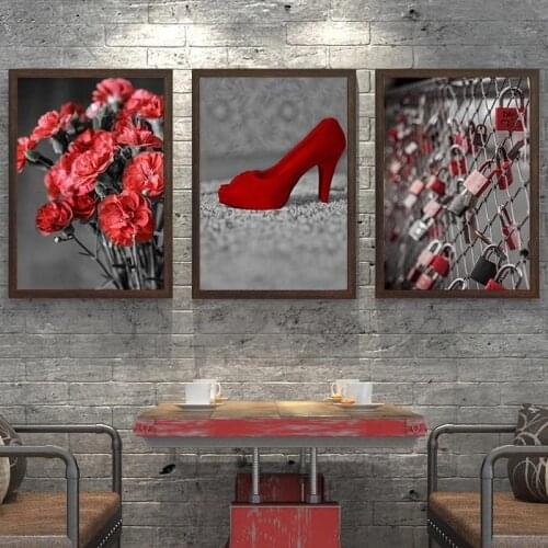 Modern Decor Poster Black Background Red High Heels Flower Lock Picture Canvas Art Painting Home Decor Living Room Bedside Wall
