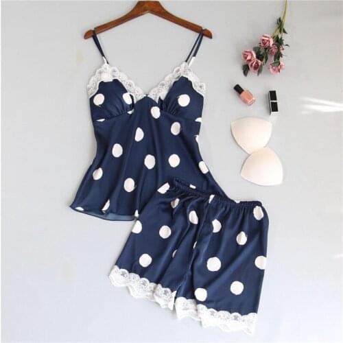 Spaghetti Strap Lace Sexy Women Pajamas V-Neck With Pad Female Summer Pajama Set Polka Dot Summer Female Sleepwear