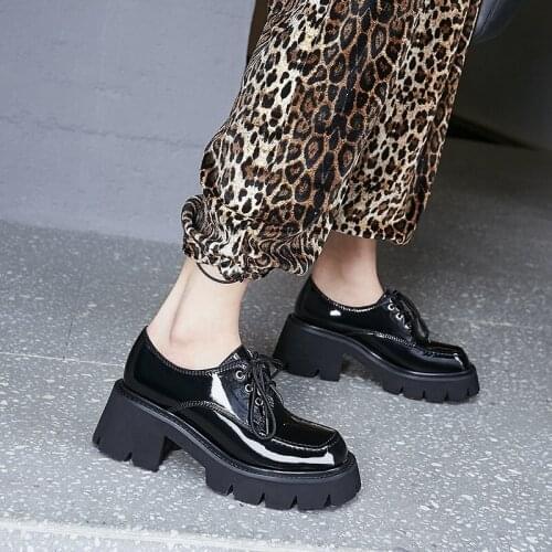 MEZEREON Platform Pumps Square Heel Patent Leather Lace-Up Women Shoes Round Toe Girls Footwear Thick Bottom Med Height 6.5 CM