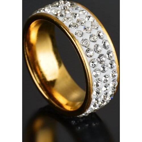 3 Rows Crystal Stainless Steel Ring Gold Color Shinny Rhinestone 8mm Wedding Rings For Women Elegant Engagement Jewelry