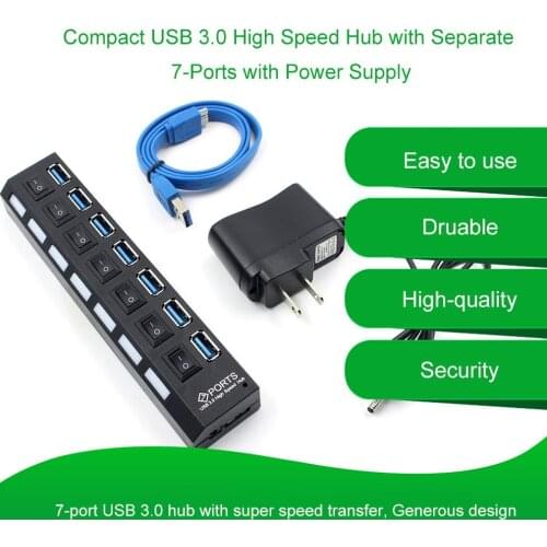 7 / 4 USB 3.0 High Speed Hub with Separate Seven Ports Compact Lightweight Power Adapter Hub with Power Supply