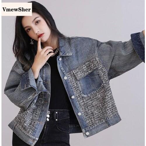 VmewSher 2020 Fashion Denim Jacket Women Slim Autumn Lurex Shiny Jean Coat Pockets Patchwork Streetwear Outwear Coats Jackets