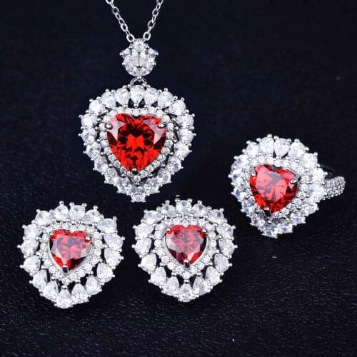 QTT Silver 925 Earrings Rings Necklace for women Red Heart Luxurious Temperament Pendant Wedding Party Three Piece Jewelry Set