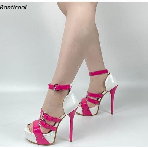 Ronticool Handmade Women Platform Sandals Buckle Strap Sexy Stiletto Heels Open Toe Gorgeous Fuchsia Party Shoes US Size 5-20