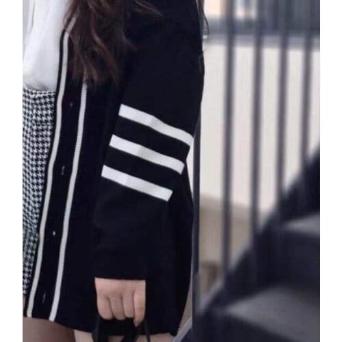 Autumn/ Winter Knitted Cardigan Stripes Long-sleeved Pockets Ladies Beaded Embroidery Letters Cardigan Sweater