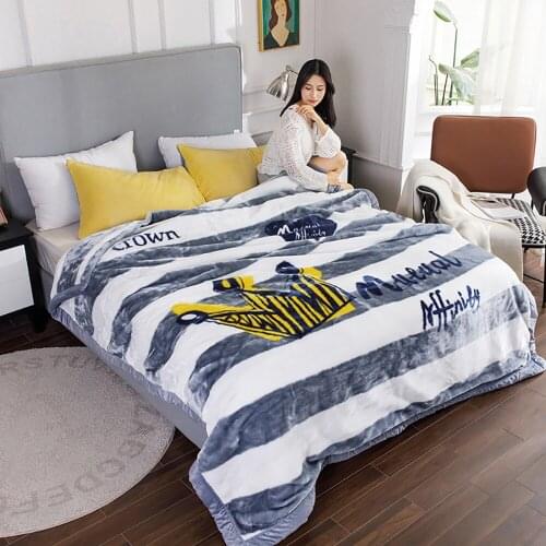 Gray White Stripes Winter Thick Soft Crown Adults Sofa Bed Warm Flannel Blanket Coral Fleece Bedspread Throw Quilt Blankets