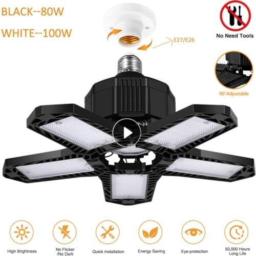 80W E27 Deformable LED Garage Light Outdoor Lighting IP65 Waterproof Five-leaf Super Bright Indoor Workshop Home Industrial Lamp