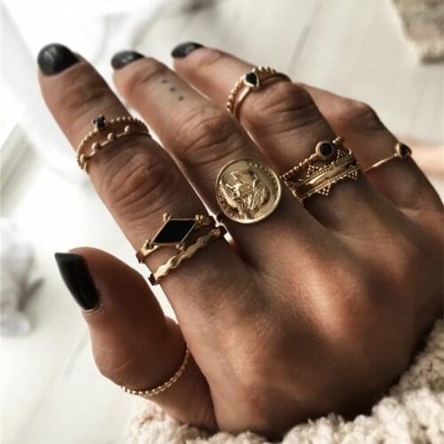 9 Pcs/Set Women Black Gem Ring Set Fashion Irregular Gold Geometric Hollow Knuckle Ring Lady Boho Party Jewelry Accessories