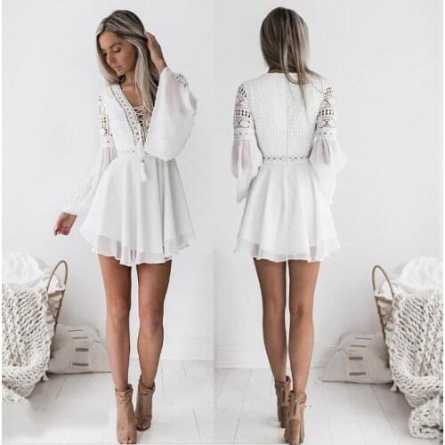 Hollow Out Chiffon Dress Sexy Women Mini Dress Cross Bandage Lace Semi-sheer Plunge V-Neck Long Sleeve Dress Black/White