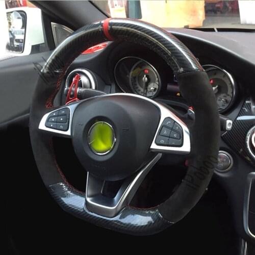 5D Carbon Fiber & Black Suede Leather Steering Wheel Red Stitch on Wrap Cover Fit For Mercedes-Benz C200