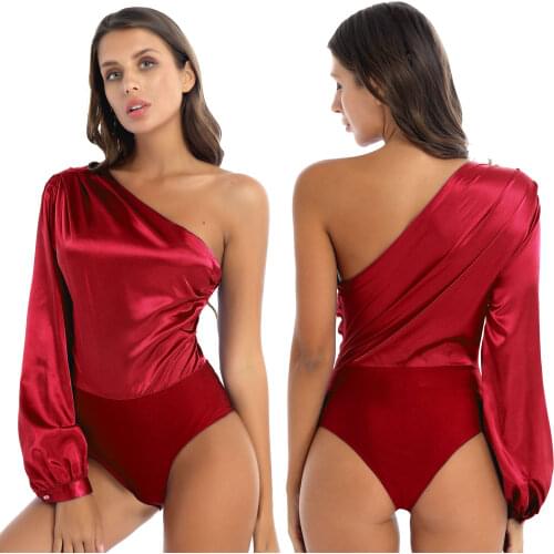Women One Shoulder Long Sleeve Satin Bodysuit Dance Leotard Blouse Fashion Side Zipper Solid Color Ruched Shirt Tops for Party