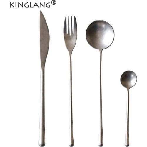 KINGLANG 4pcs /Set Western Vintage 304 Stainless Steel Flatware Cultery Metal Food Knife Coffee Spoon Restaurant Dining Spoon