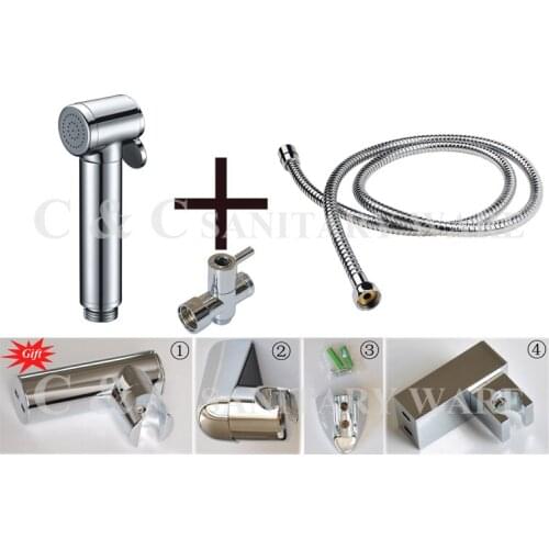 With Holder Chrome Metal Shattaf Kit - Hand Held Bidet Sprayer + G1/2, G7/8, G3/4, M18X1.5L Optional Brass T-adapter A2015ST