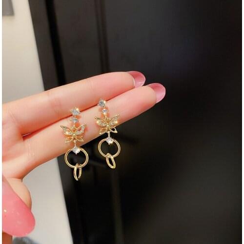 Korean Fashion Zircon Inlaid Geometric Hollow Butterfly Drop Earrings for Women Simple Elegant Dangle Earrings Jewelry 2021 New