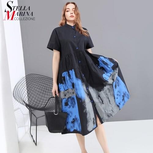 Korean Style Woman Summer Black Vintage Shirt Dress Painted Design Printed Big Size Lady Casual Midi Dress Retro Robe Femme 6125
